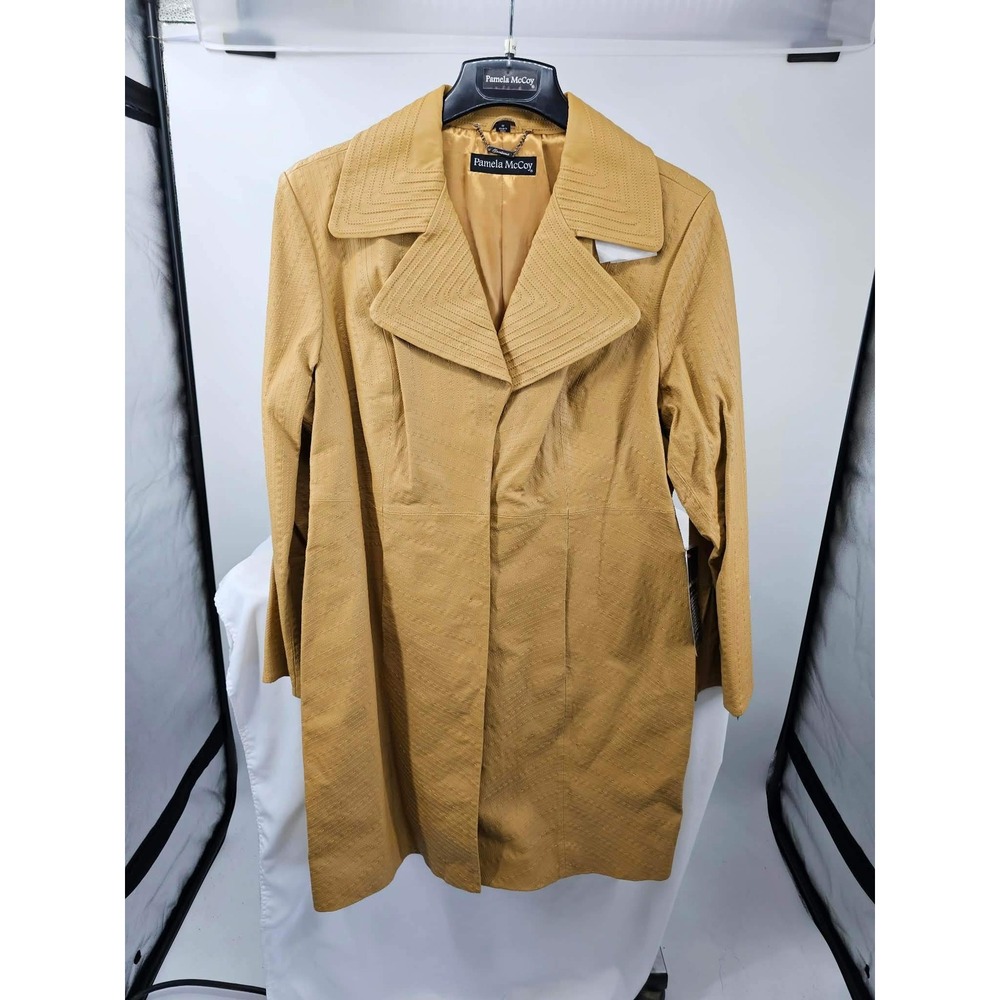 Pamela McCoy Womens Mustard Yellow Stitched Genuine Leather Trench Coat 1X